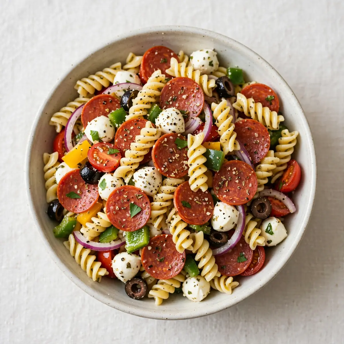 Cozy Weekend Classic Italian Pasta Salad with Pepperoni and Mozzarella