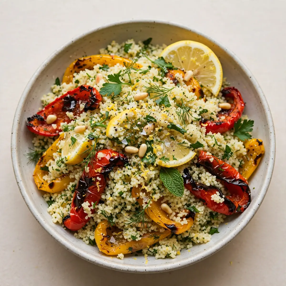 Cozy Weekend Lemon Herb Couscous Bowl With Roasted Peppers