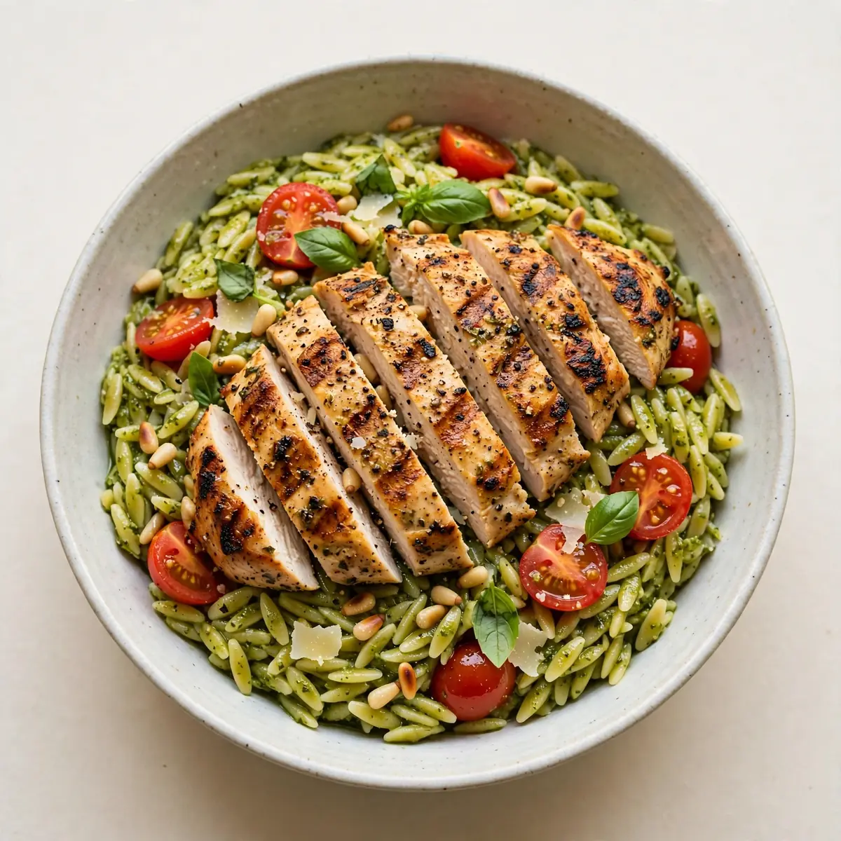 Cozy Weekend Pesto Orzo and Grilled Chicken Bowl