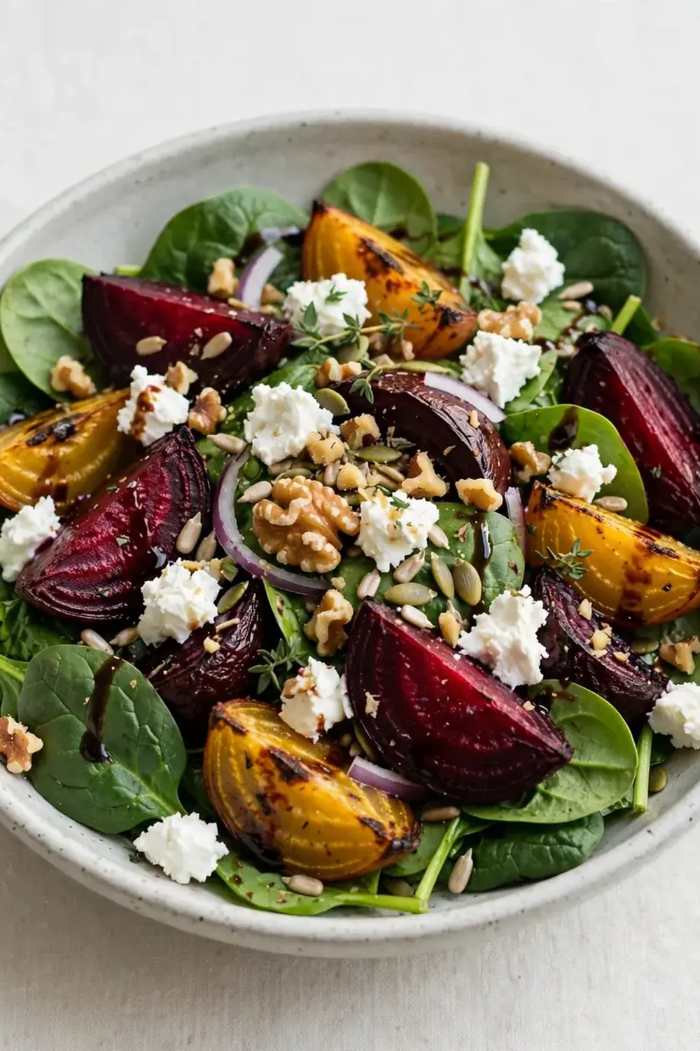 Spinach and Roasted Beet Salad with Goat Cheese