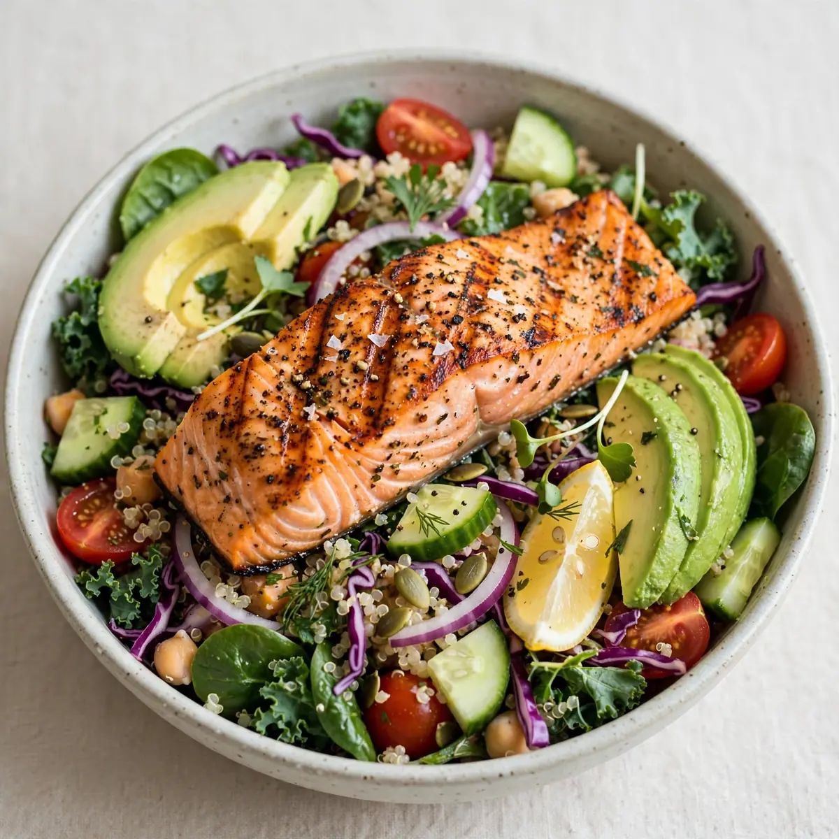 Weekend Comfort Grilled Salmon and Avocado Power Salad